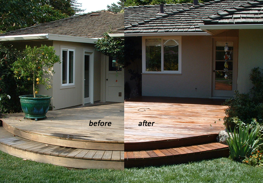 Before and after of deck that has been cleaned and sealed